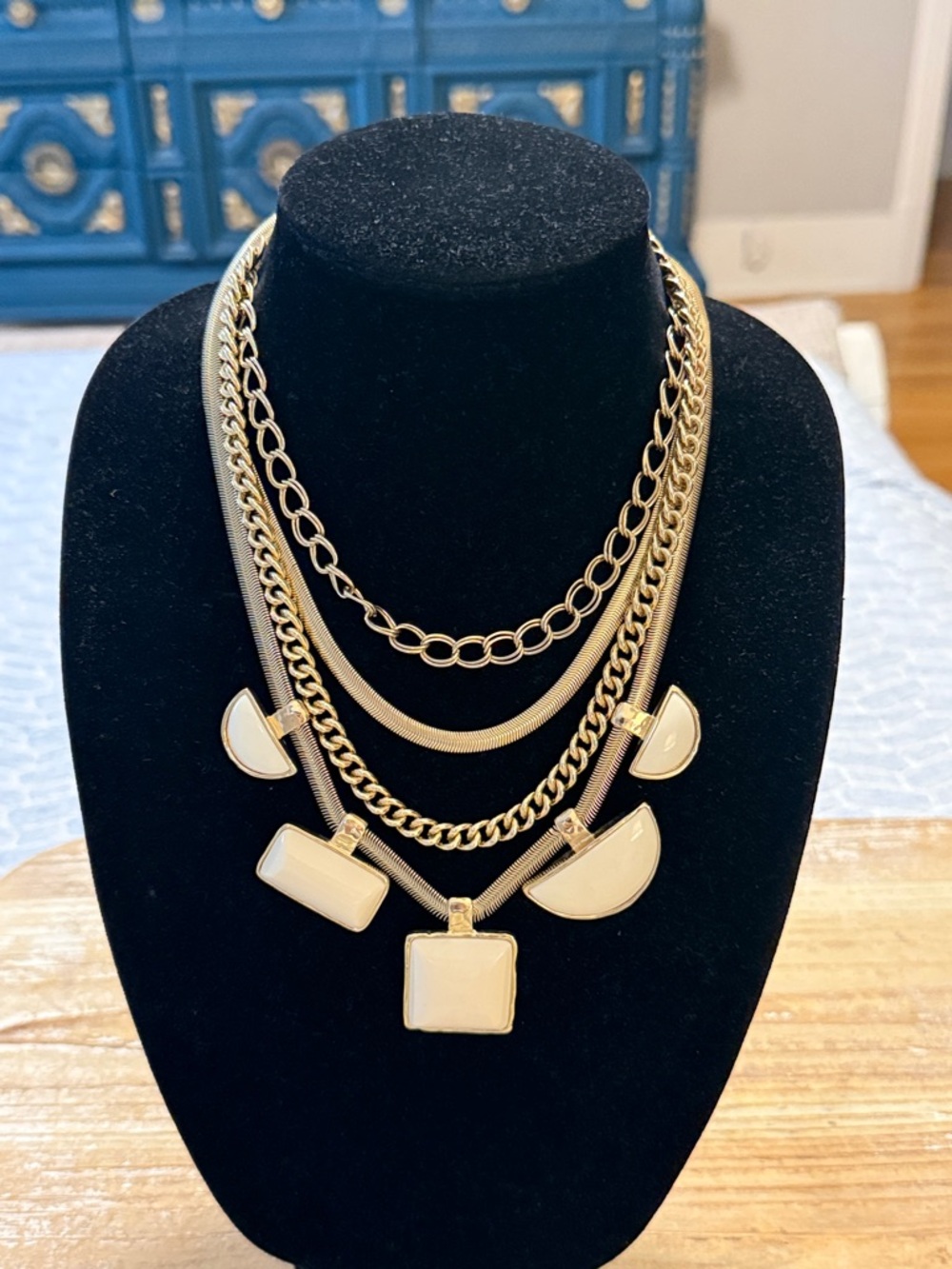 Vintage Chico’s Gold Tone Beige Multi Layered Bib Pendant Statement Necklace